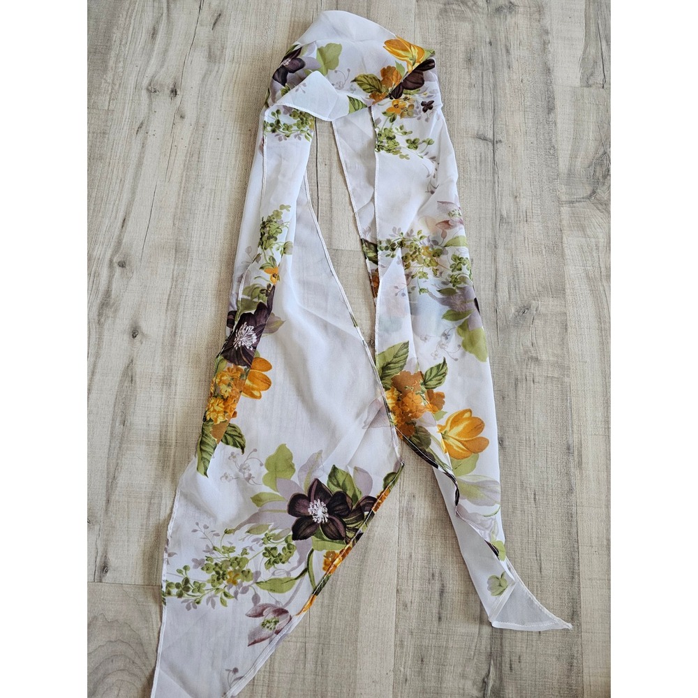 Vintage Floral Skinny Scarf White Yellow Purple Botanical Long Hair Neck Tie